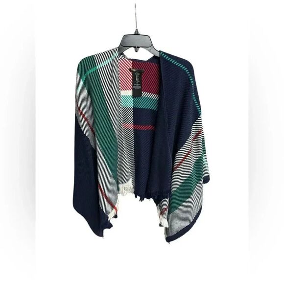 Women’s MAJE Emmy jacquard stripe wool-blend multicolor frayed hem shrug poncho - Picture 3 of 7